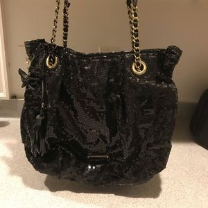 Betsey Johnson large, sequin, black hobo bag braided chain w/faux leather